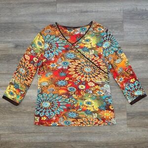 Multiples Vintage Boho Psychedelic Mandala Faux Wrap Top Orange Red Medium